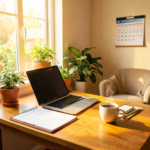 Une femme assise à un bureau bien organisé avec des notes et des dossiers, mot-clé: Bureau De Travail A La Maison