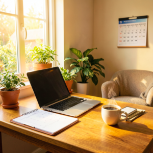 Une femme assise à un bureau bien organisé avec des notes et des dossiers, mot-clé: Bureau De Travail A La Maison