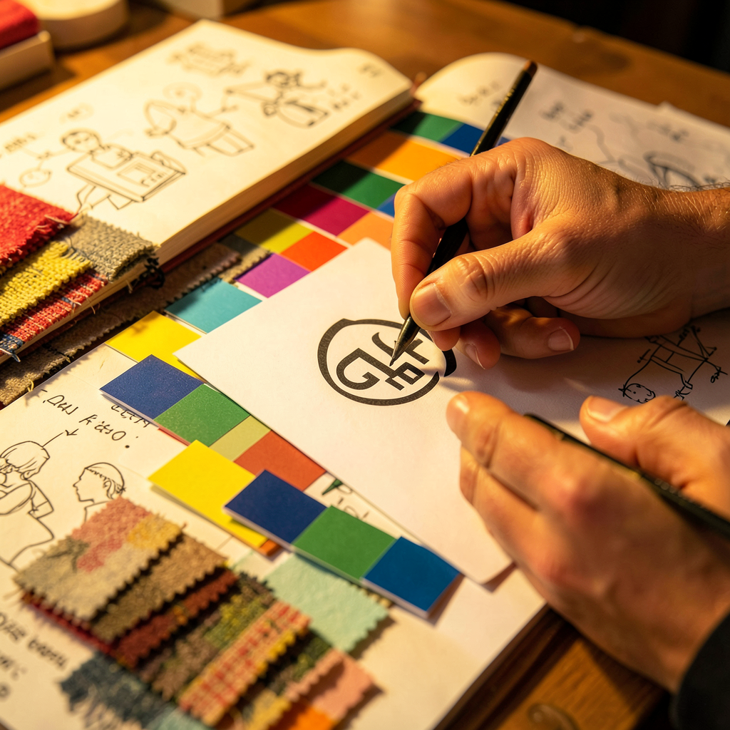 Un schéma illustrant les étapes de création d'une identité visuelle de marque, avec des couleurs vives et une typographie claire.