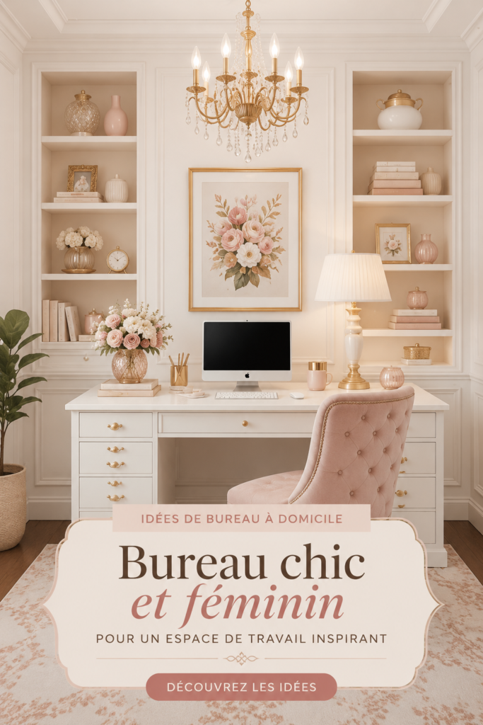Bureau féminin chic avec des accessoires élégants et une plante verte