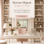 Un bureau élégant en beige et rose avec des touches féminines et des éléments en métal