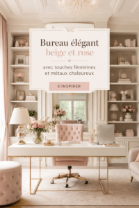 Un bureau élégant en beige et rose avec des touches féminines et des éléments en métal