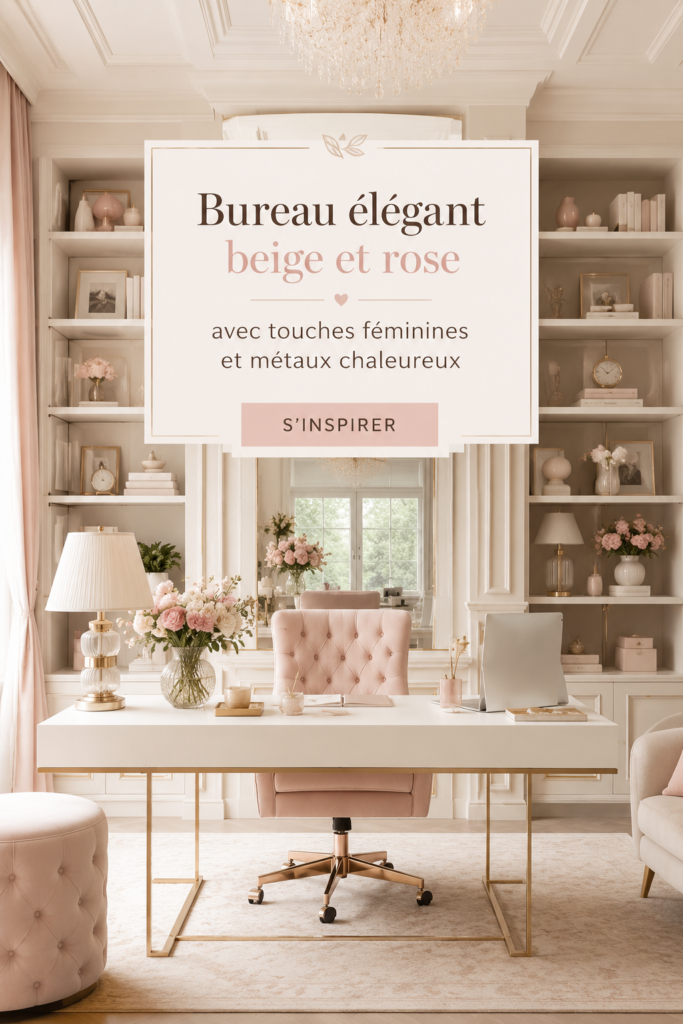 Un bureau élégant en beige et rose avec des touches féminines et des éléments en métal