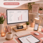 Bureau esthétique minimaliste avec des éléments roses et un éclairage doux.