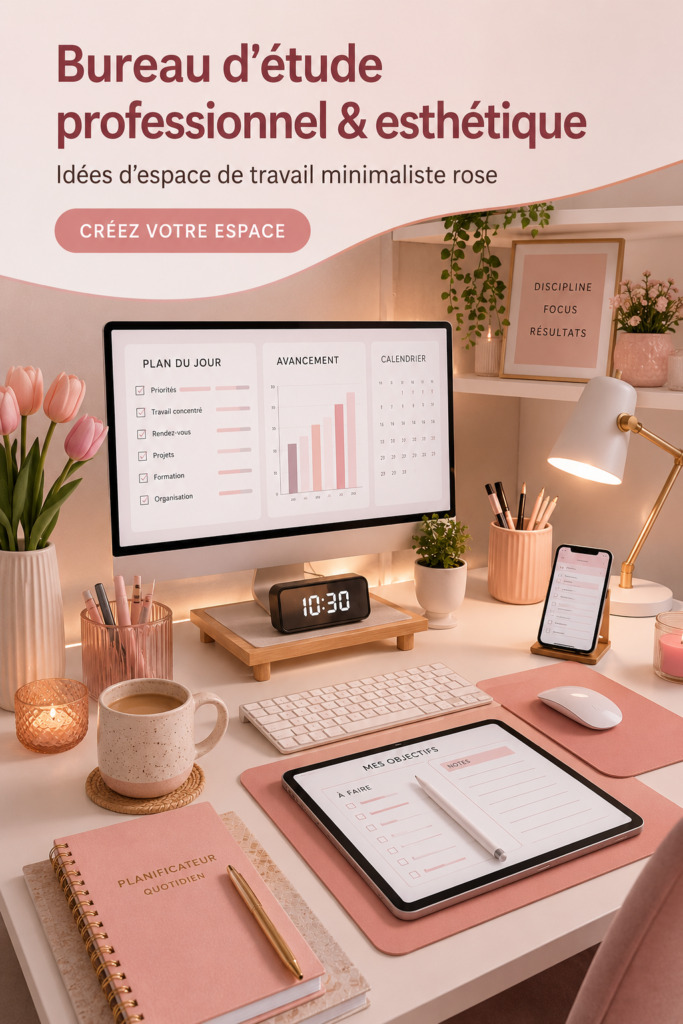 Bureau esthétique minimaliste avec des éléments roses et un éclairage doux.