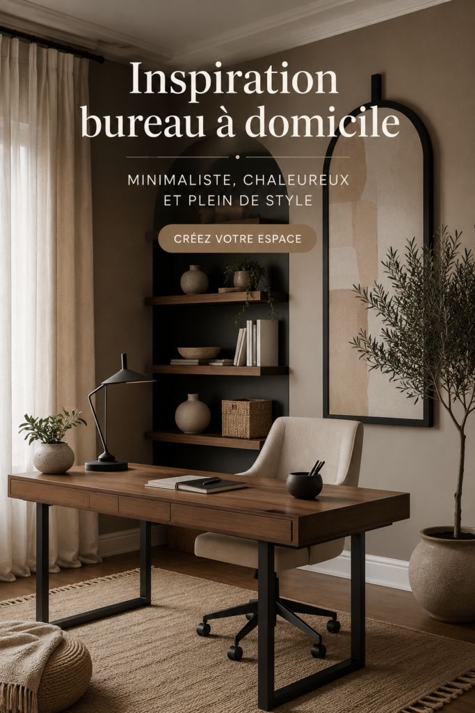 Bureau moderne avec des éléments décoratifs chaleureux et un mobilier élégant.