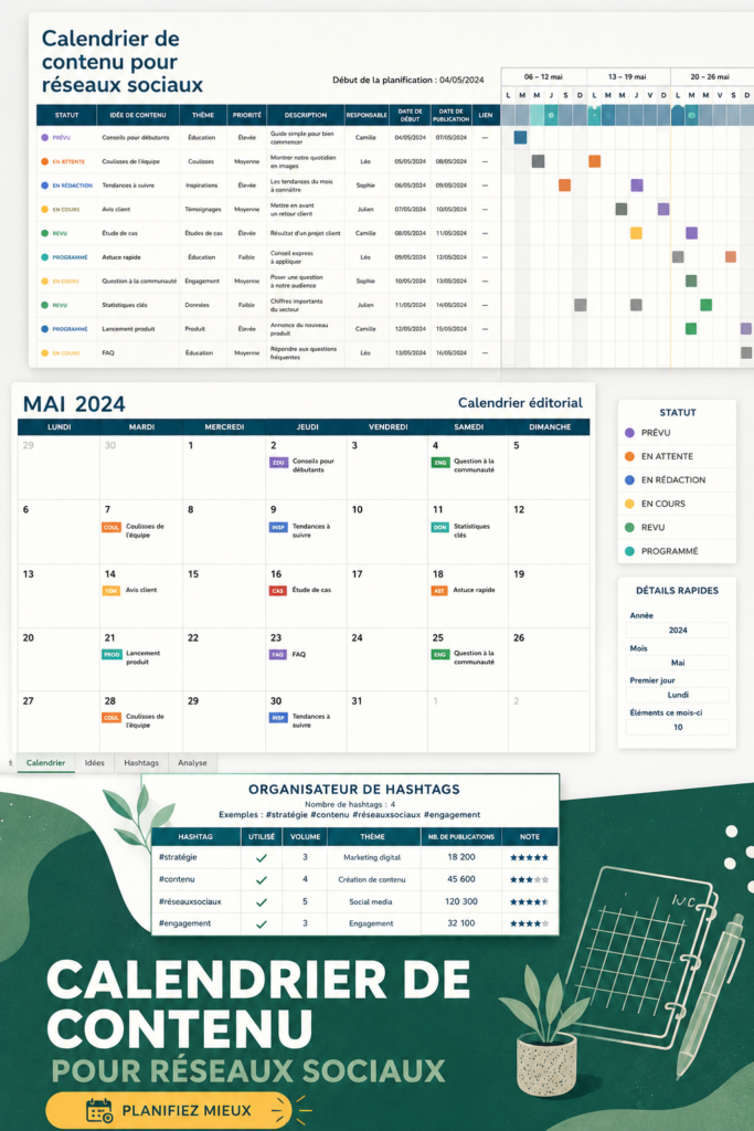 Femme créant un calendrier de contenu pour réseaux sociaux sur son ordinateur.