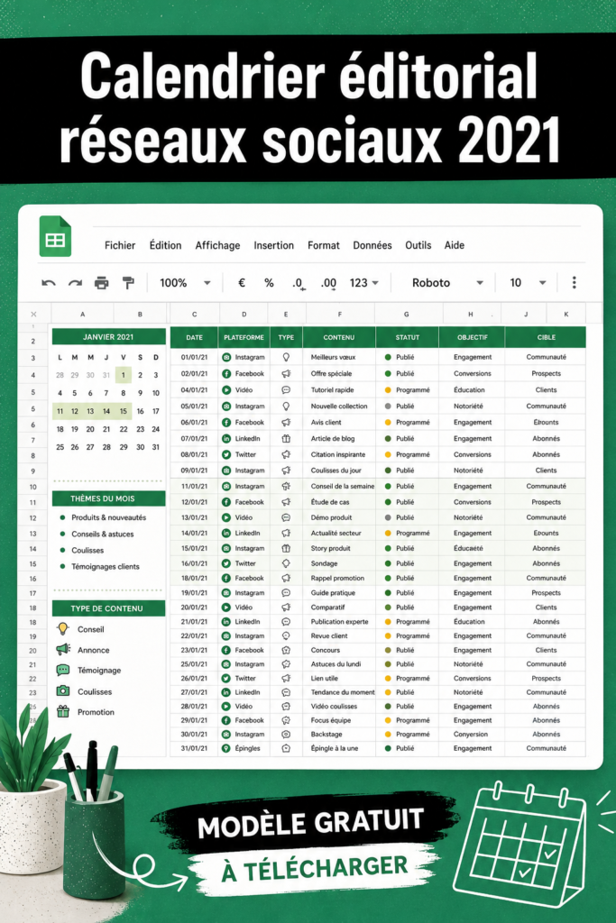 Femme organisant un calendrier éditorial pour les réseaux sociaux sur un bureau.