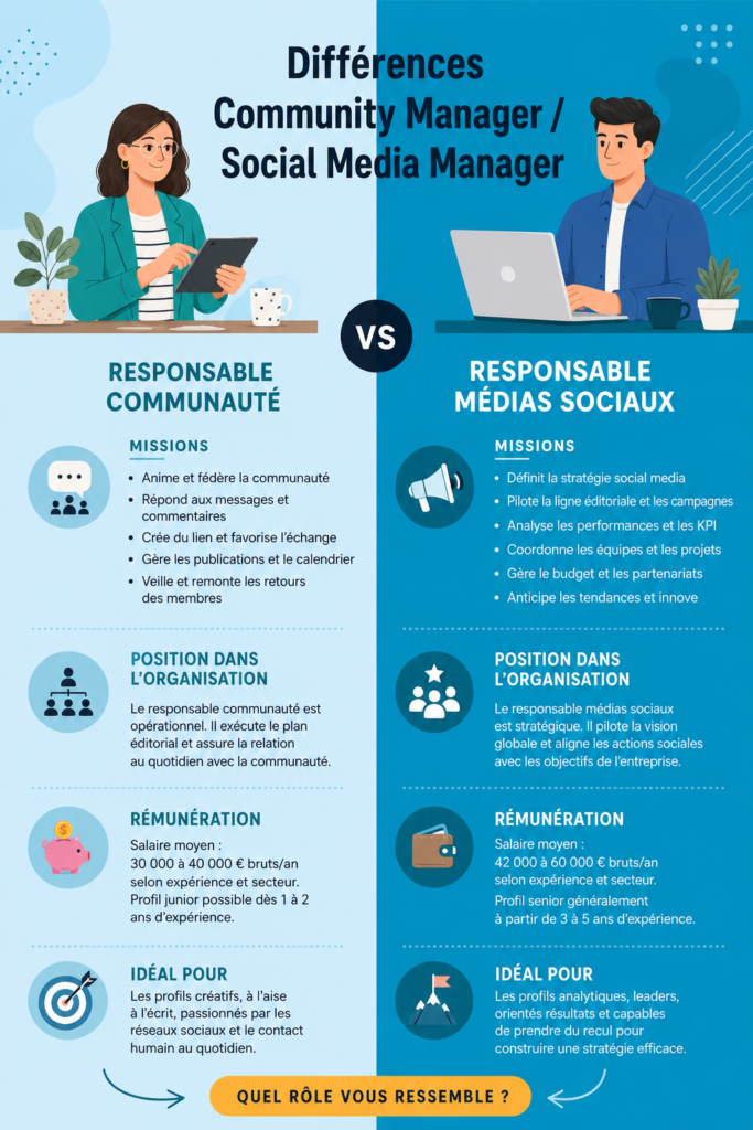 Comparaison des rôles Community Manager et Social Media Manager au sein d'une équipe marketing.
