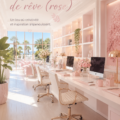 Un bureau élégant décoré en rose avec des touches féminines et modernes.