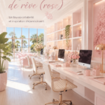 Un bureau élégant décoré en rose avec des touches féminines et modernes.