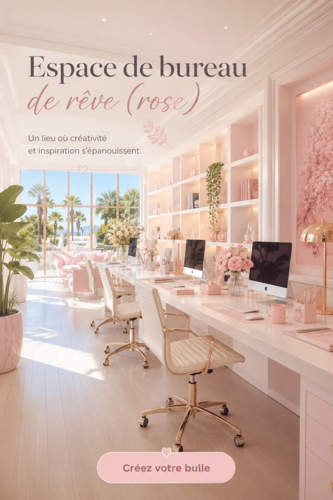 Un bureau élégant décoré en rose avec des touches féminines et modernes.