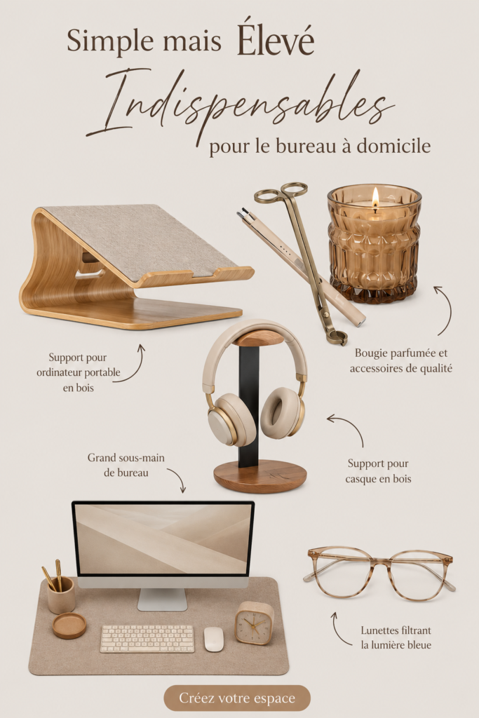 Un bureau élégant à la maison avec du mobilier minimaliste et des éléments décoratifs simples.