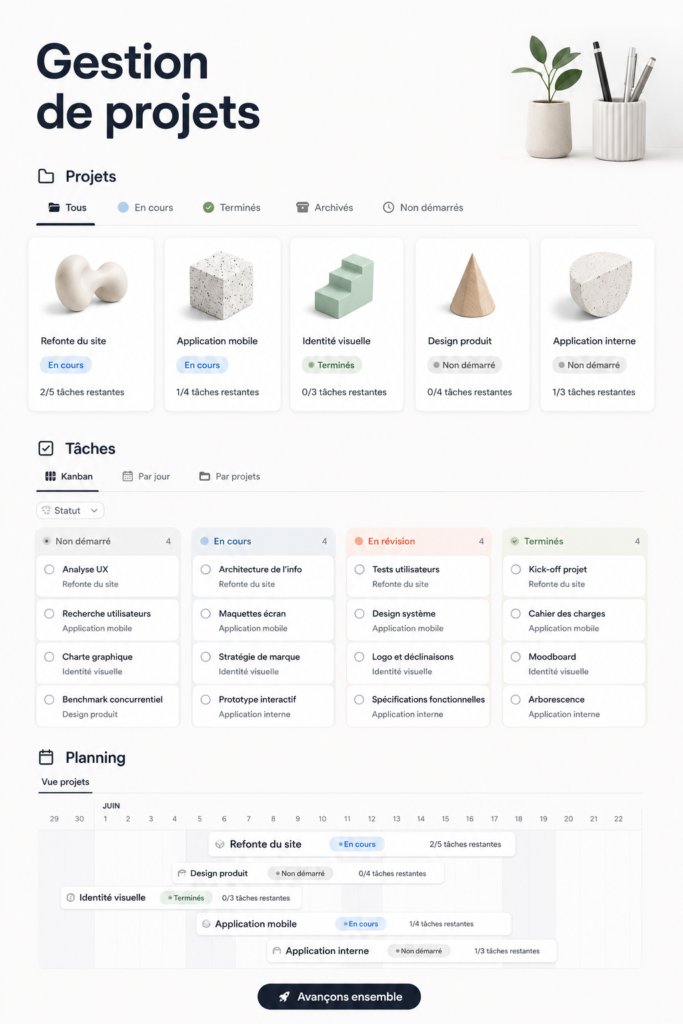 Capture d'écran d'un modèle de gestion de projet dans Notion, illustrant des tâches et un calendrier.