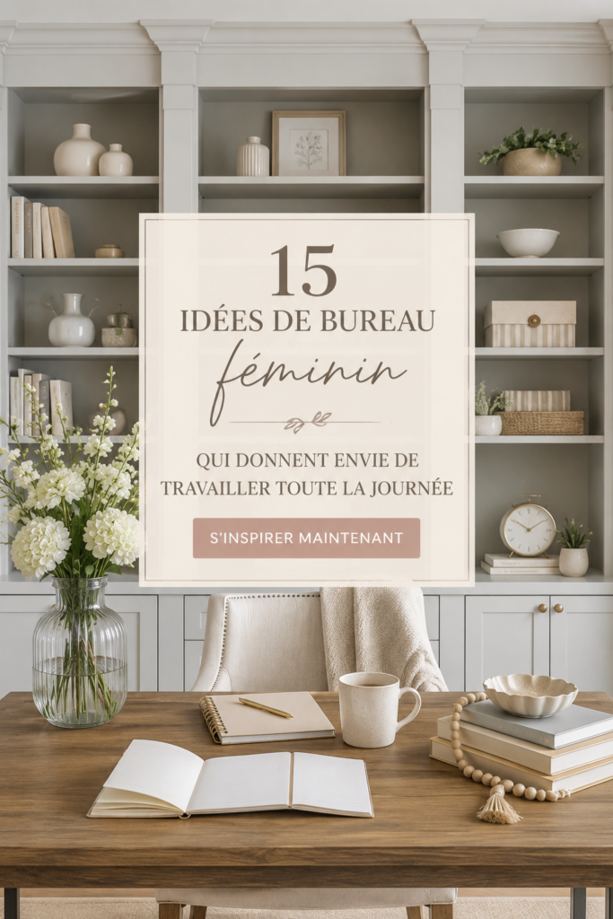 Bureau féminin aménagé avec des éléments chic et pratiques, soulignant un espace de travail agréable.