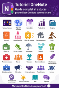 Capture d'écran de OneNote montrant un espace de travail organisé avec des notes et des sections.