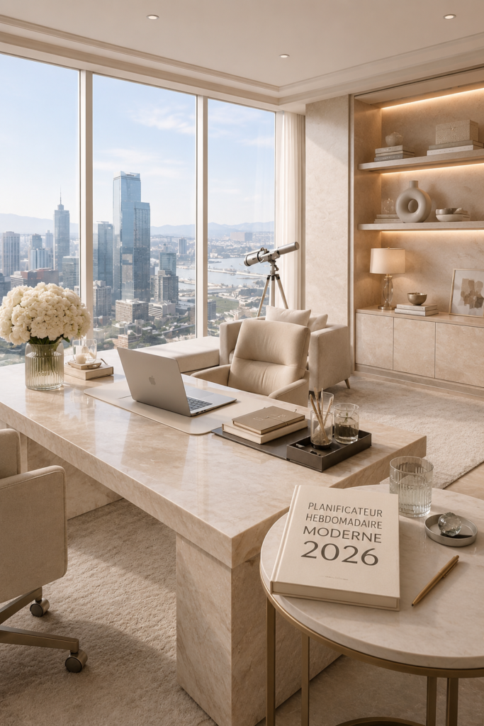 Un planner moderne pour 2026 sur un bureau inspirant, avec des notes et un stylo.