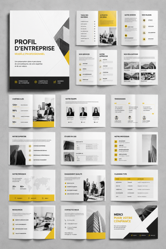 Modèle de profil d'entreprise professionnel mettant en avant les éléments clés pour attirer des clients.