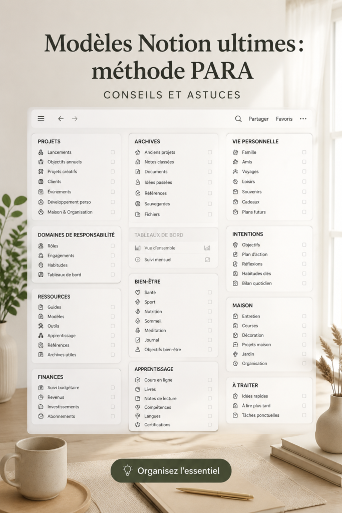 Un aperçu de modèles Notion organisés selon la méthode PARA