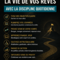 Une femme souriante planifie sa journée dans un carnet, illustrant la discipline quotidienne.