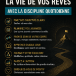 Une femme souriante planifie sa journée dans un carnet, illustrant la discipline quotidienne.