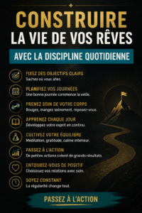 Une femme souriante planifie sa journée dans un carnet, illustrant la discipline quotidienne.