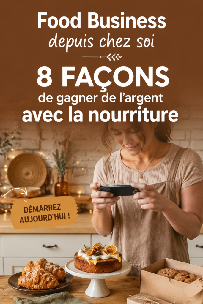 Femme heureuse dans sa cuisine préparant des plats faits maison pour son business alimentaire.