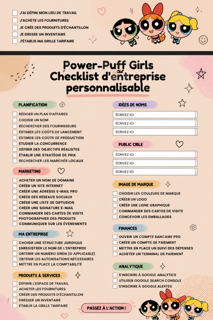Une checklist colorée inspirée des Power-Puff Girls avec des illustrations amusantes