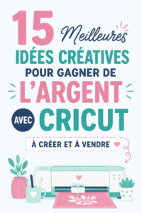Femme crée des objets avec sa machine Cricut, entourée de produits finis et d'outils de loisir créatif.