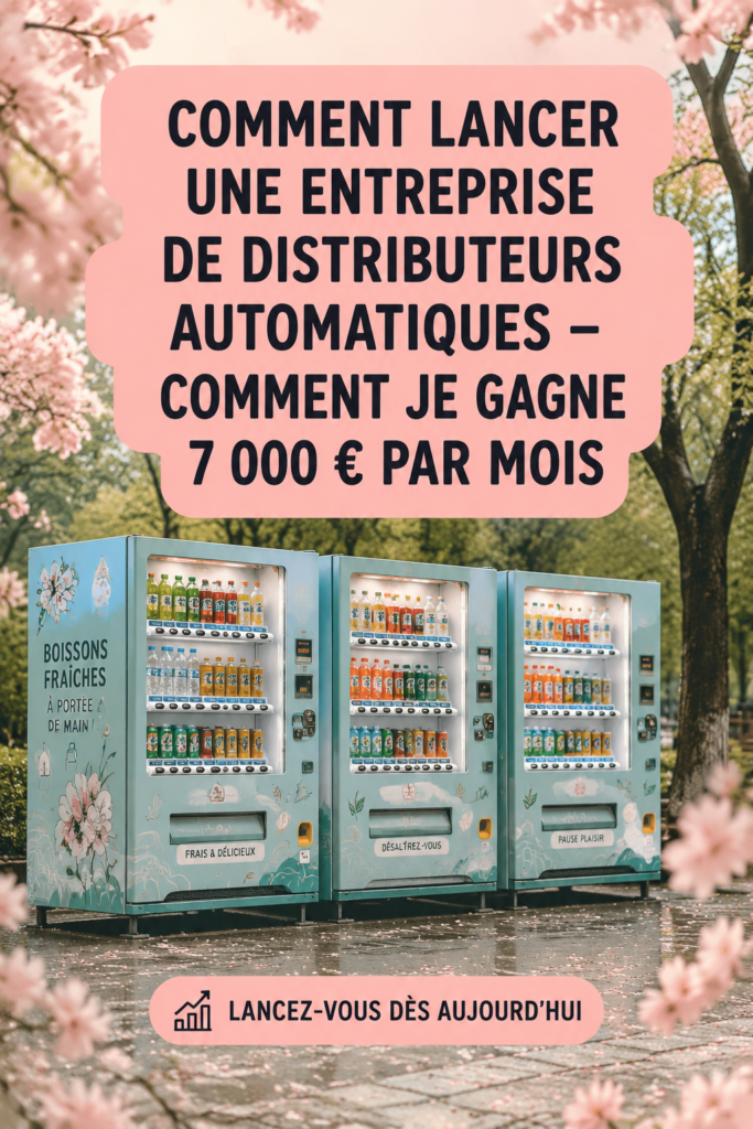 Un distributeur automatique moderne, rempli de snacks et de boissons, prêt à générer des revenus.