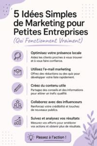 5 idées de marketing simples pour petites entreprises, avec des visuels attrayants.