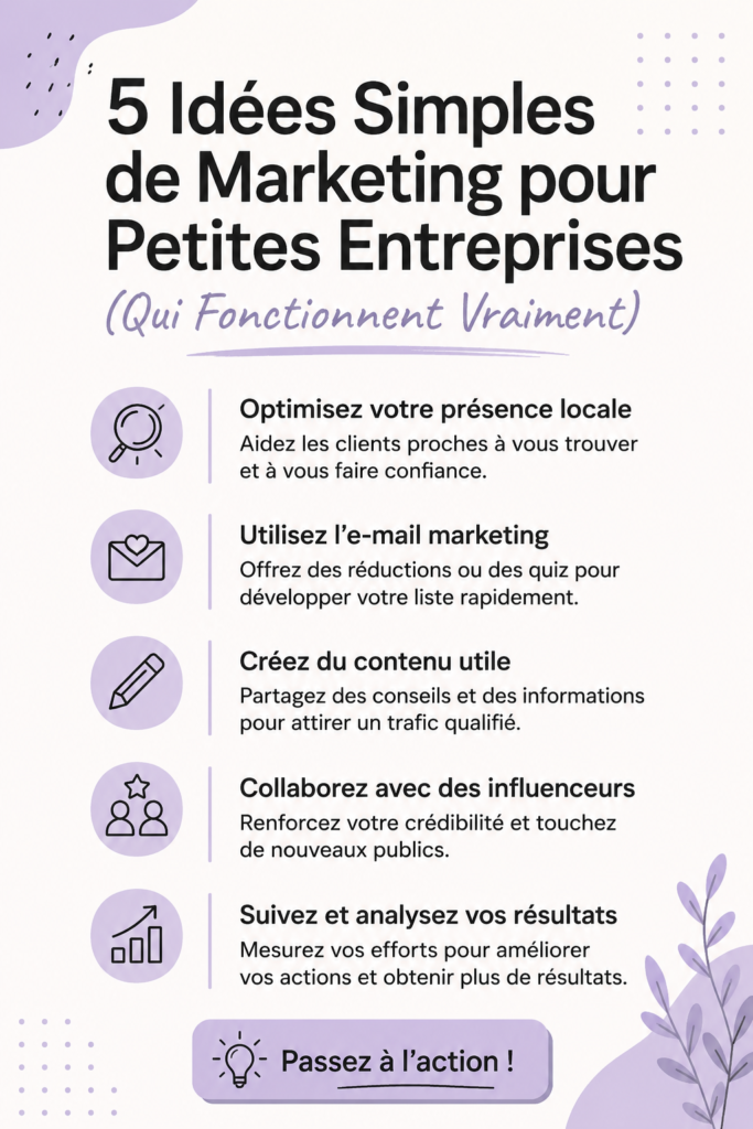 5 idées de marketing simples pour petites entreprises, avec des visuels attrayants.
