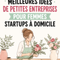 Une femme souriante travaillant sur son ordinateur portable à domicile, entourée d'objets créatifs inspirants, illustrant des idées d'entreprises à lancer.