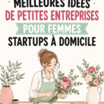 Une femme souriante travaillant sur son ordinateur portable à domicile, entourée d'objets créatifs inspirants, illustrant des idées d'entreprises à lancer.