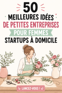 Une femme souriante travaillant sur son ordinateur portable à domicile, entourée d'objets créatifs inspirants, illustrant des idées d'entreprises à lancer.