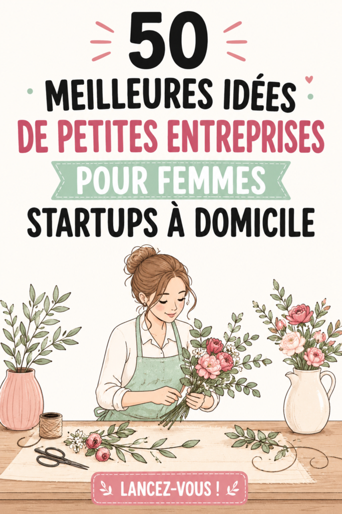 Une femme souriante travaillant sur son ordinateur portable à domicile, entourée d'objets créatifs inspirants, illustrant des idées d'entreprises à lancer.