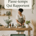 Femme souriante en train de tricoter tout en générant des revenus.