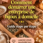 Femme créant des bijoux à la maison, illustrant le concept d'une activité de bijoux à domicile.