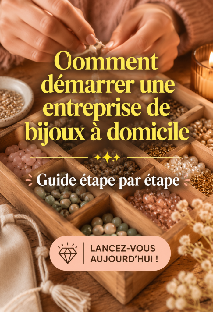 Femme créant des bijoux à la maison, illustrant le concept d'une activité de bijoux à domicile.