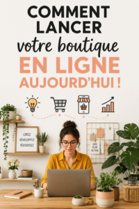 Bannière d'une boutique en ligne avec des produits variés en arrière-plan, évoquant l'e-commerce.