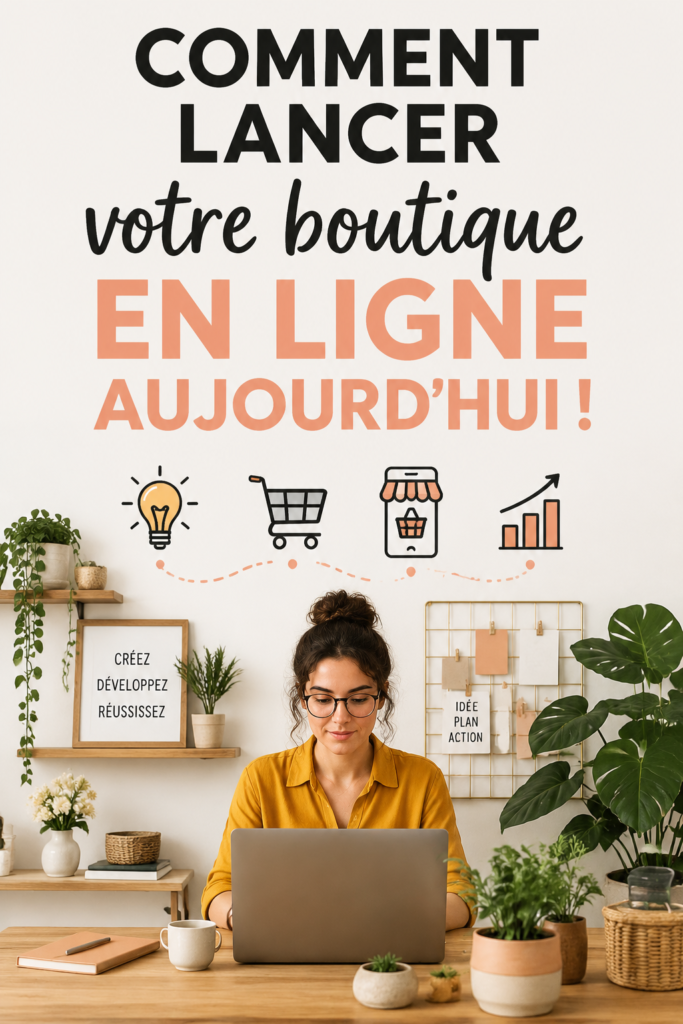 Bannière d'une boutique en ligne avec des produits variés en arrière-plan, évoquant l'e-commerce.