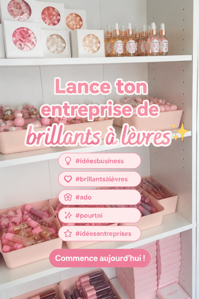 Une femme souriante montrant sa gamme de gloss à lèvres artisanaux.