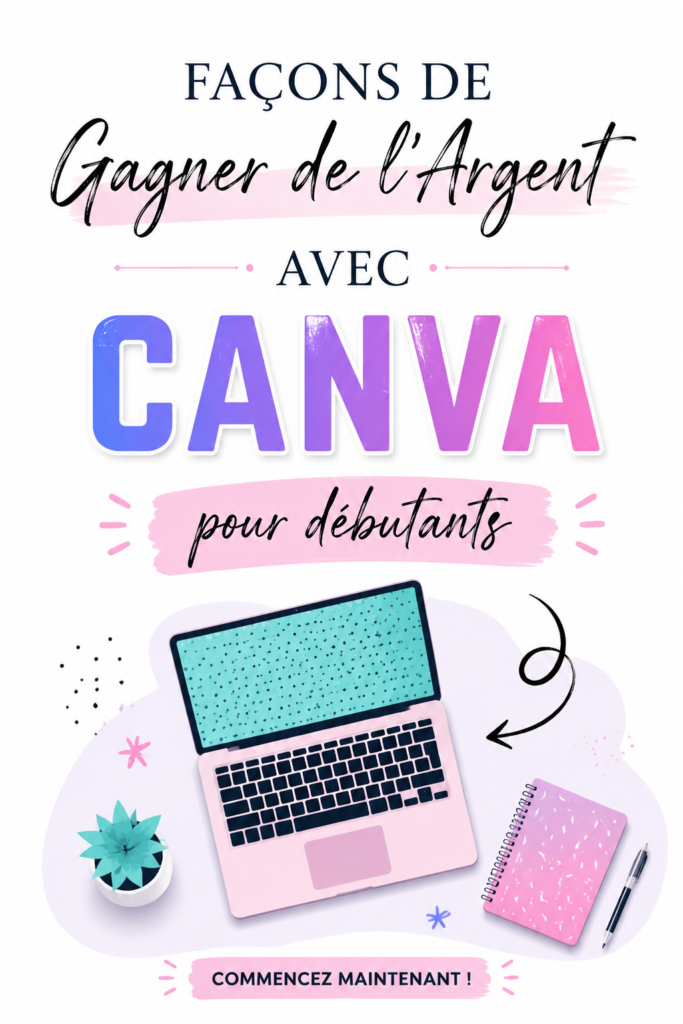 Image d'un laptop avec un design coloré créé sur Canva, montrant l'interface de l'application.
