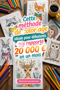 Image d'un livre de coloriage ouvert avec des crayons colorés, symbolisant la méthode pour générer des revenus