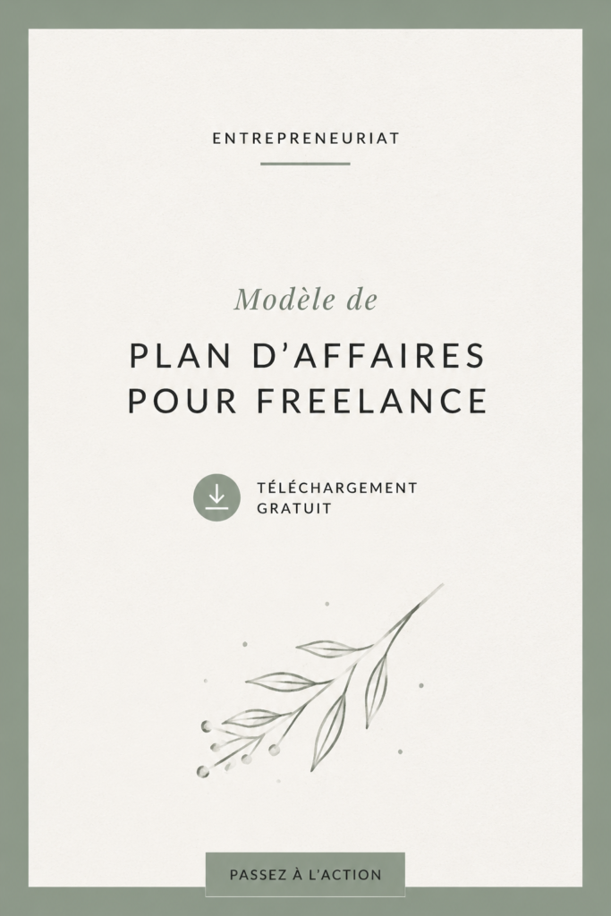 Un modèle de business plan sur un bureau avec un ordinateur portable et un carnet. Idéal pour les freelances.