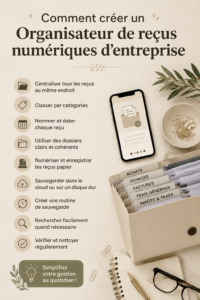 Image d'un bureau organisé avec un ordinateur et des reçus numériques.