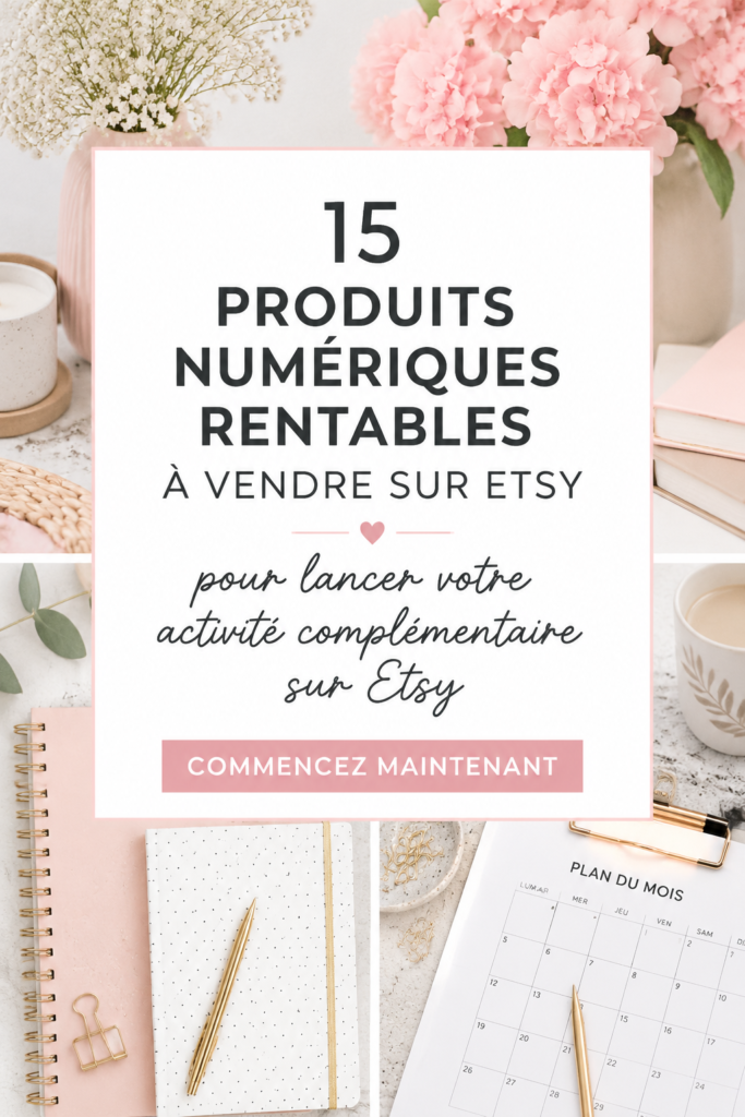 Exemple de produits numériques à vendre sur Etsy, tels que des modèles et des illustrations.