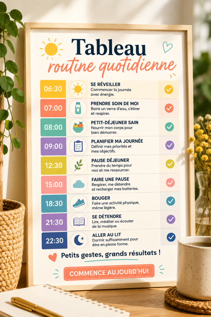Tableau de routine quotidien coloré avec diverses activités planifiées
