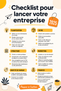 Illustration d'une femme regardant une checklist pour le lancement de son entreprise en 2025.