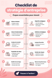 Une femme d'affaires consulte une checklist pour sa stratégie d'entreprise.